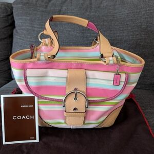COACH Pink Striped Canvas Tote with Leather Trim
